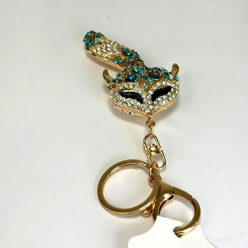 Boutique Fox Keychain Moving Tail Teal Rhinestone Gold Bling Bag Charm Y2K Gift‎
